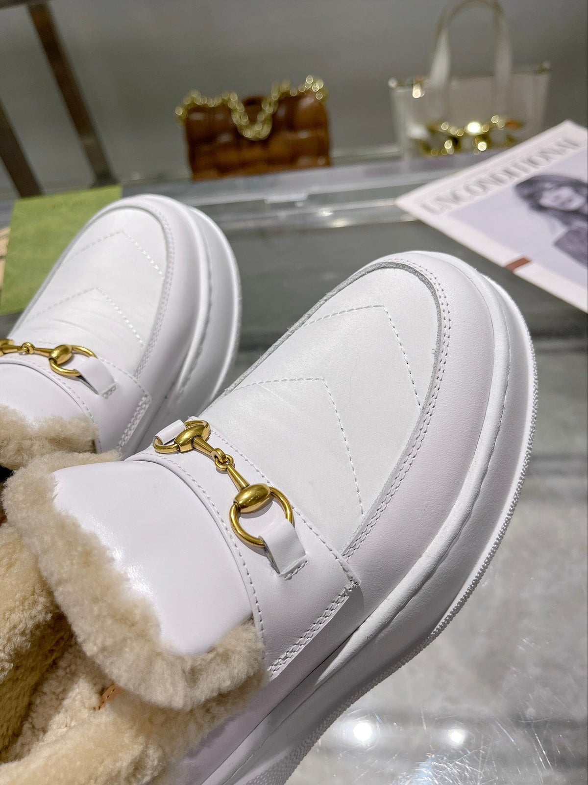 GG Snow Boots White Calfskin Wool 576243
