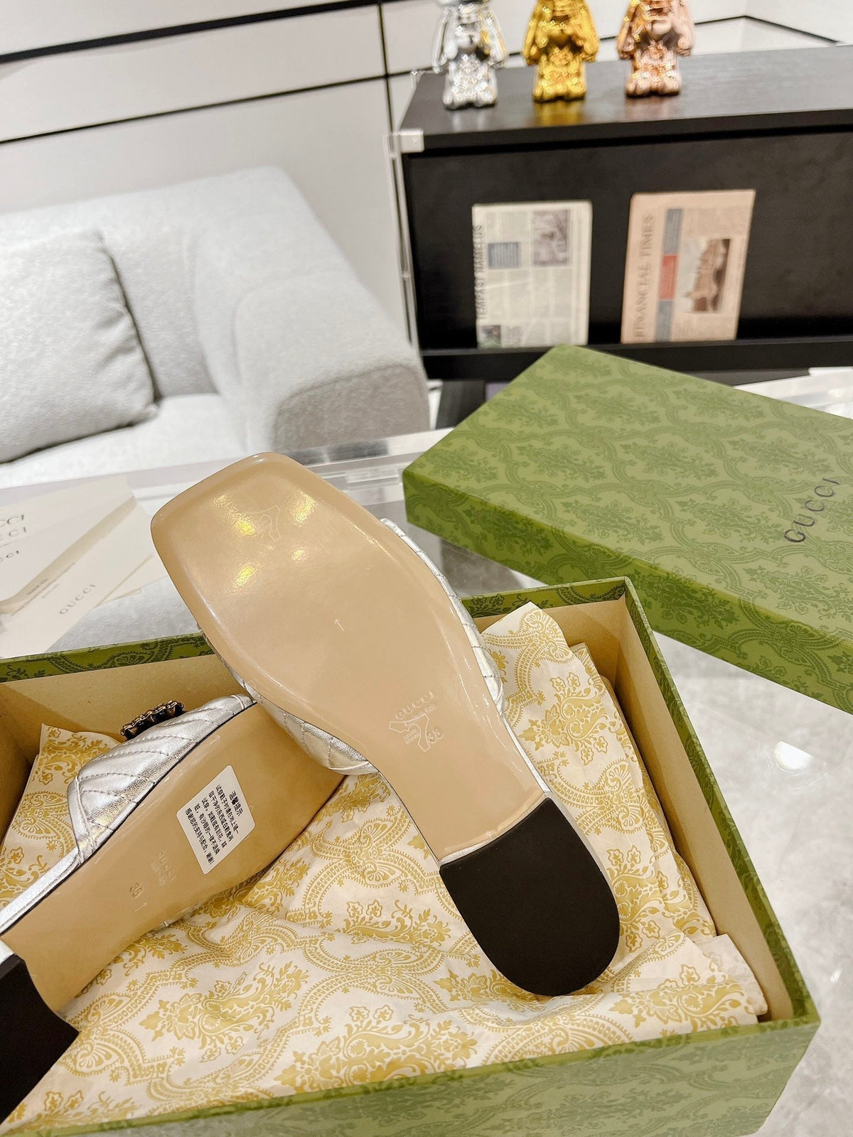 GG SPARKLE CRYSTAL SLIDE SANDAL SILVER CALFSKIN