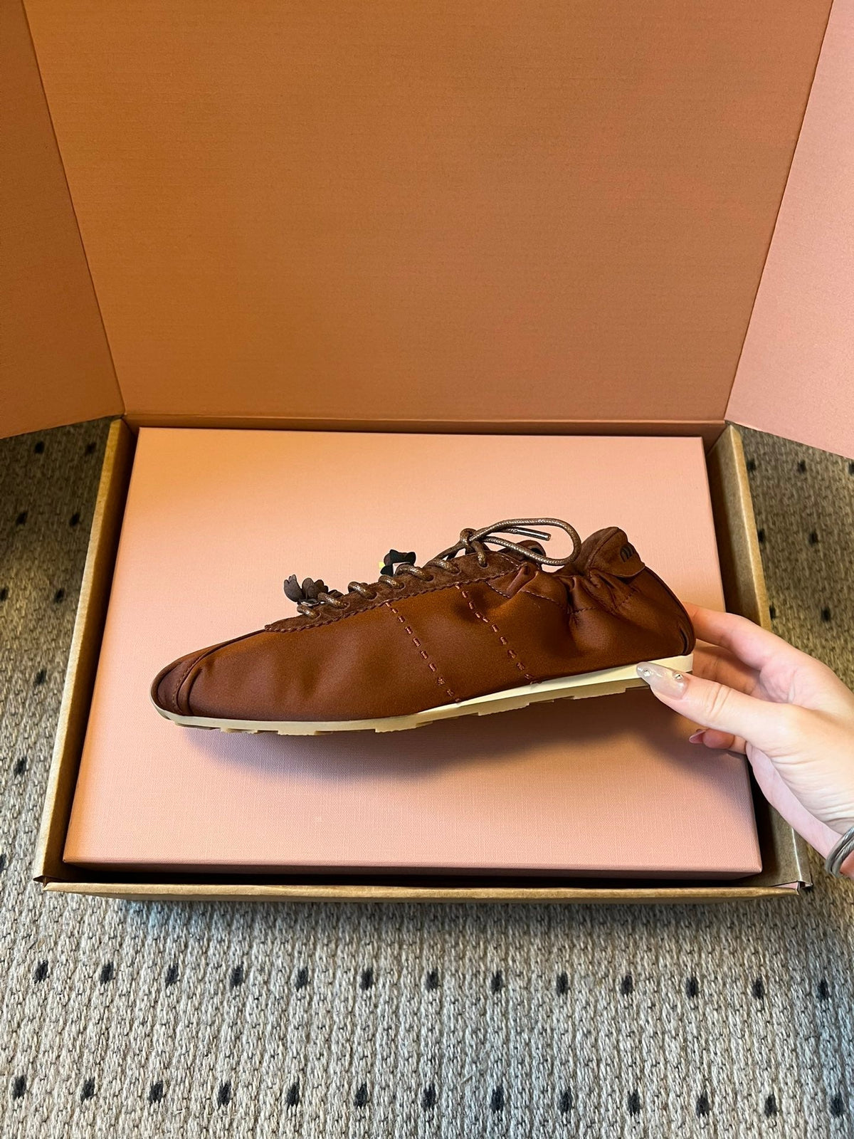 Miu Miu 2026 Plume Sneaker With Floral Charm Dark Brown Satin 621343