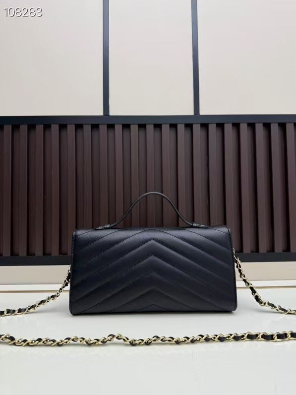 CC Large Flap Bag With Handles Black Goat Leather