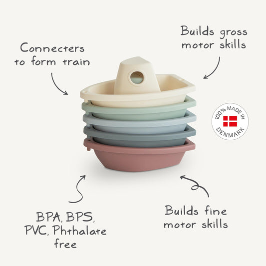 mushie Stackable Bath Boats Toy Set of 5 - Petal Color, Made in Denmark, Floating Bathtub Toys for Baby & Toddler, Model 101826