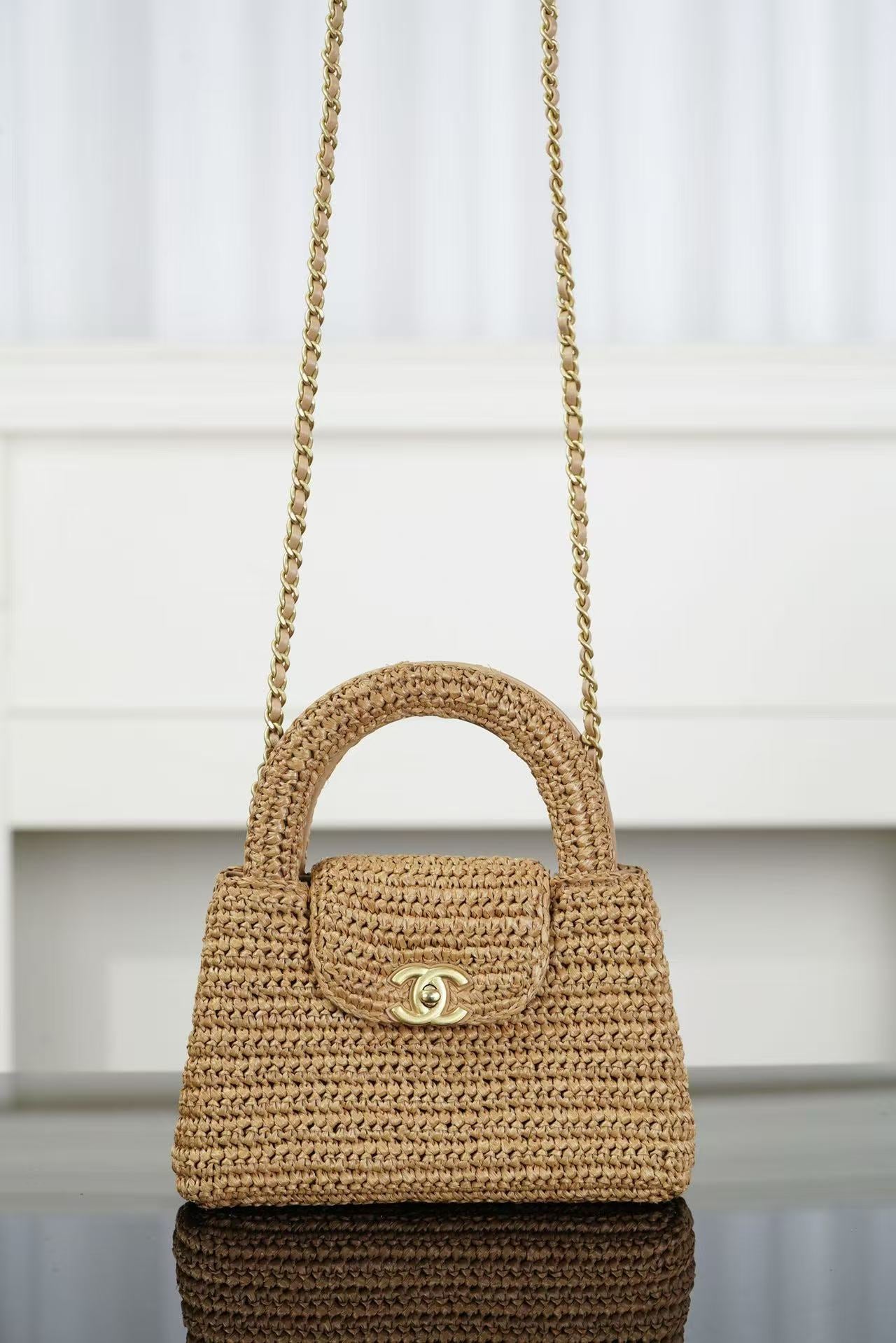 CC 26s Mini Shopping Bag Dark Beige Raffia
