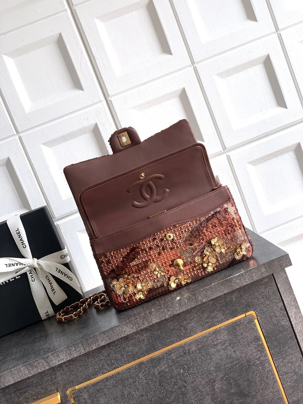 Chane 2026 Flap Bag Brown Mix Colors Sequin Leather