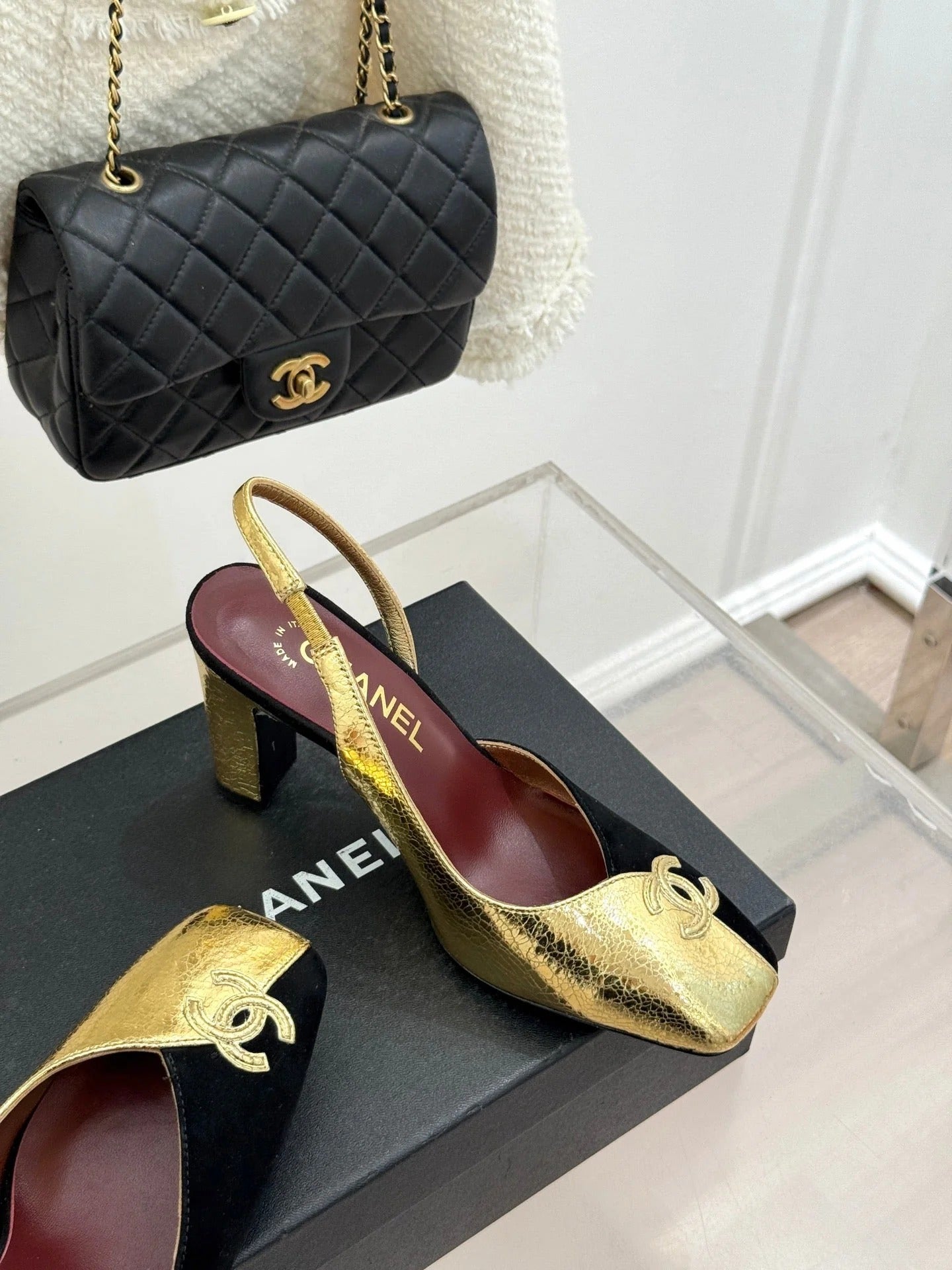 Chanel 26S Slingback 85mm Gold Black in Customized leather 706357