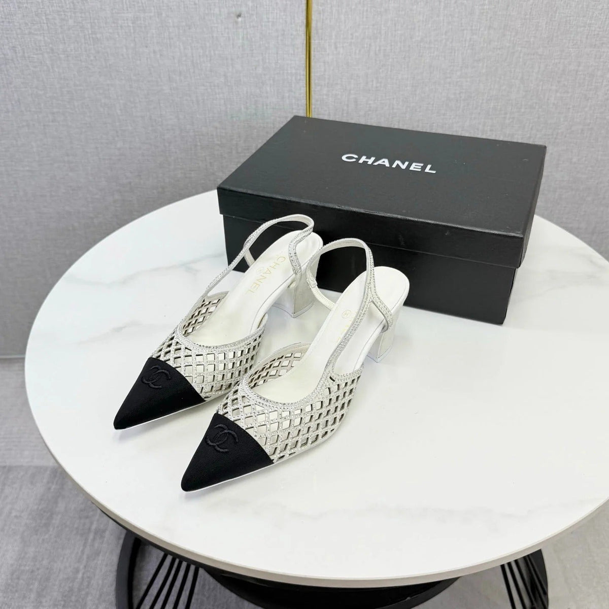 Chanel 2026 Embellished Mesh Slingback 50mm Sheepskin Satin 904533