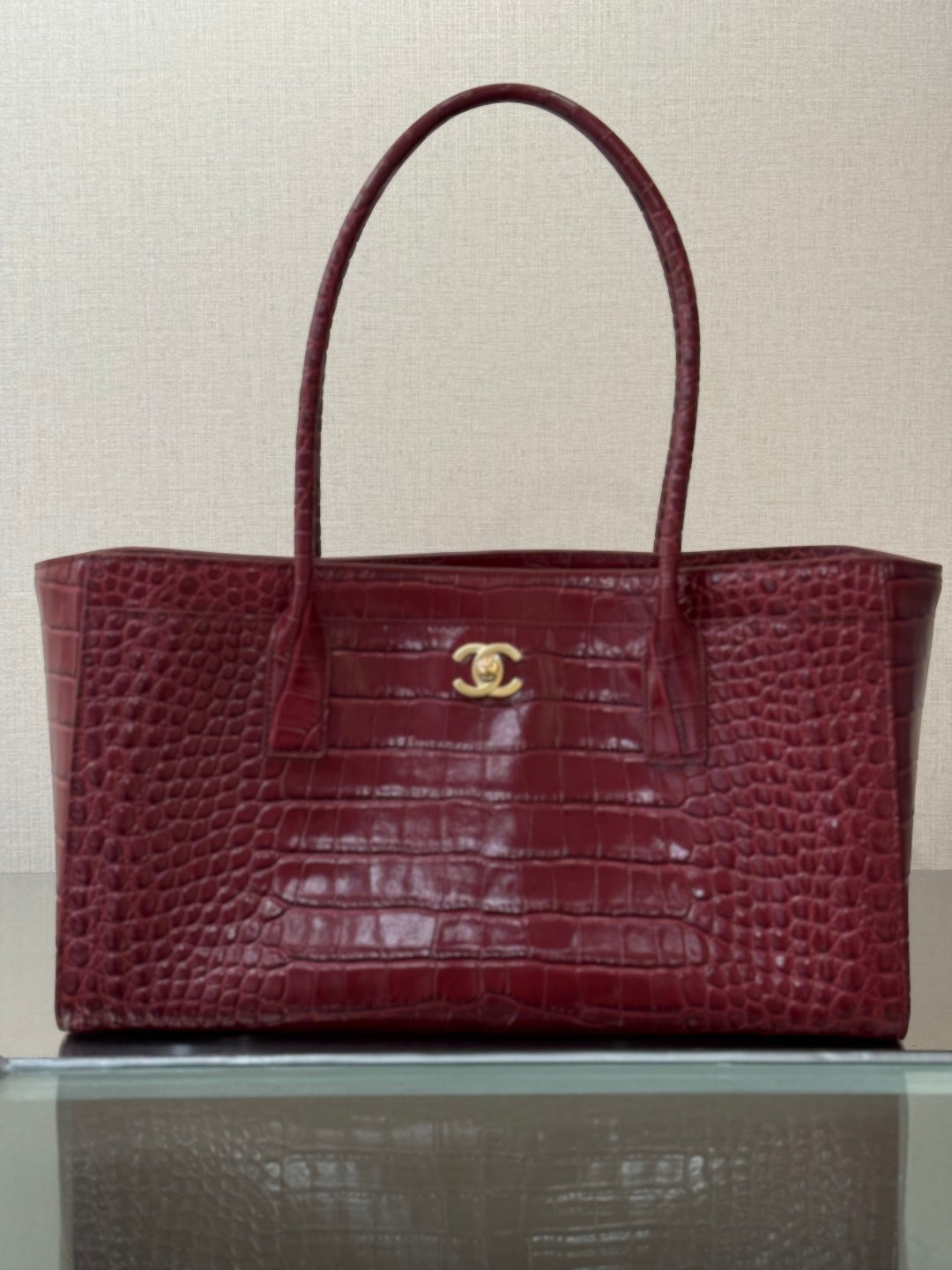CC 2026 Executive Cerf Tote Bag Burgundy Crocodile Embossed Leather