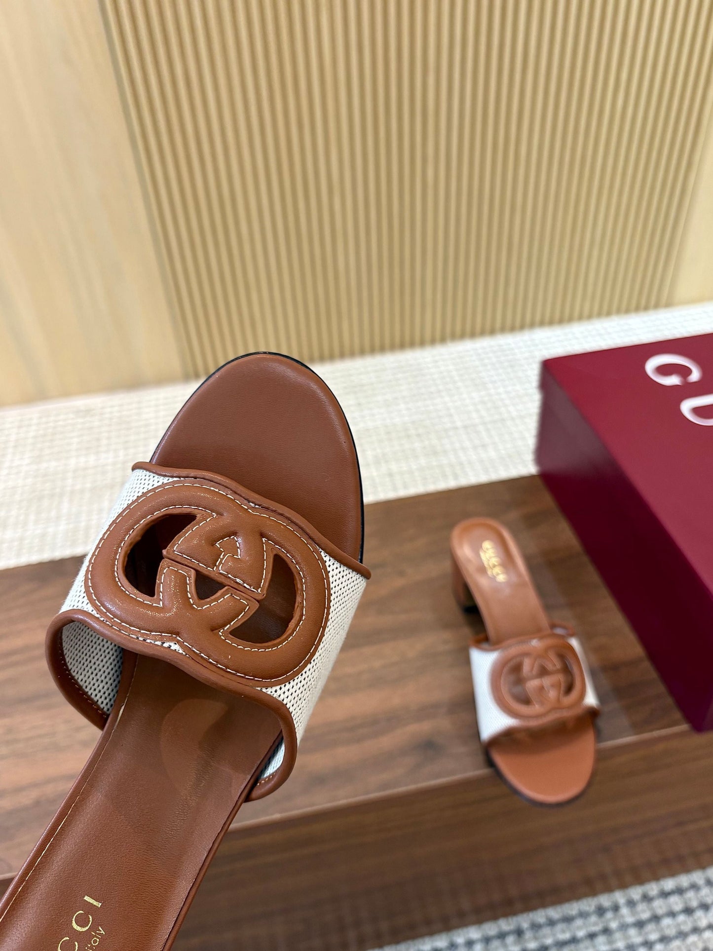 GG Interlocking G Cutout Sandals 5.5cm Brown Sheepskin Mesh 646494