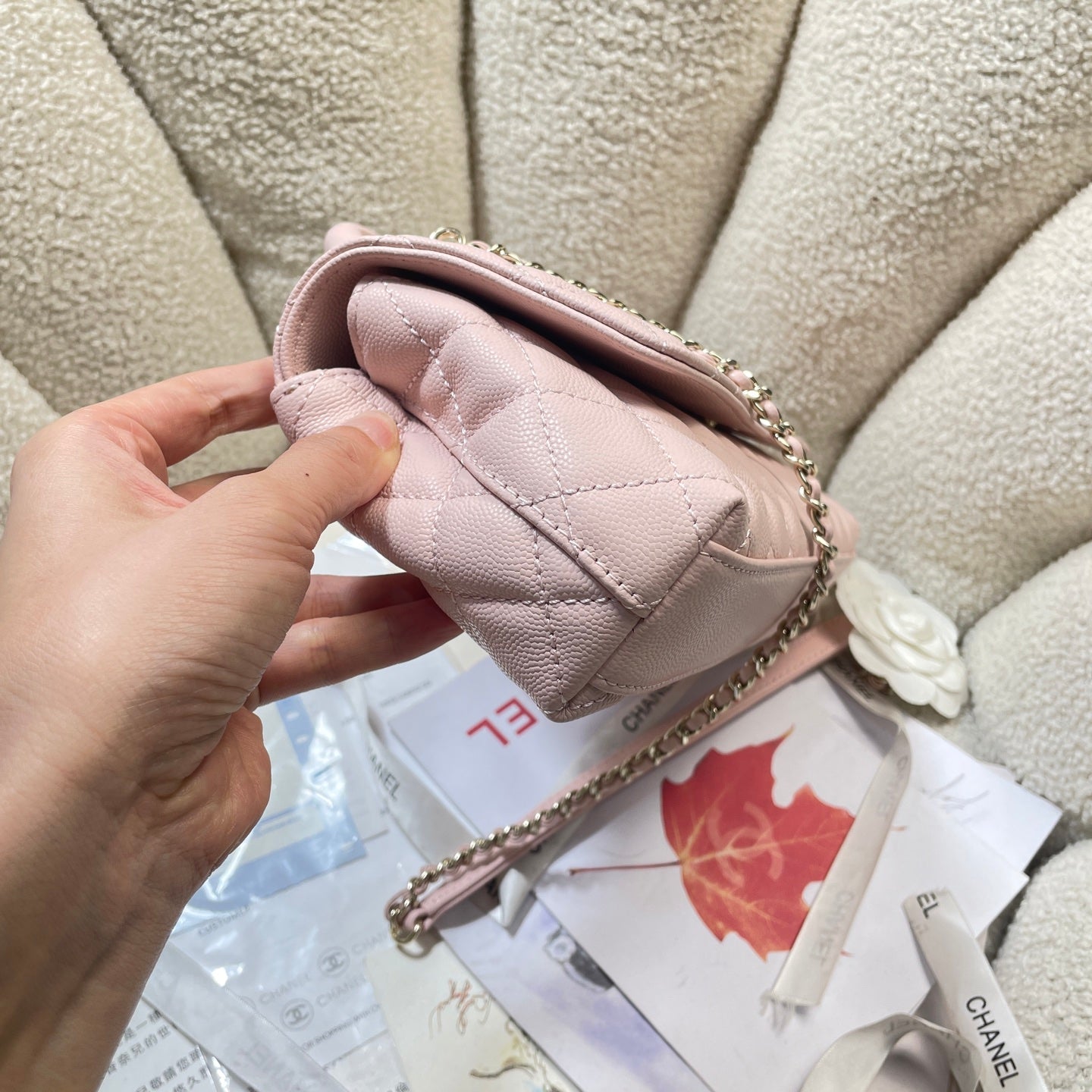 CC Maxi Flap Bag with Top Handle 31.5cm Light Pink Quited Caviar Leather