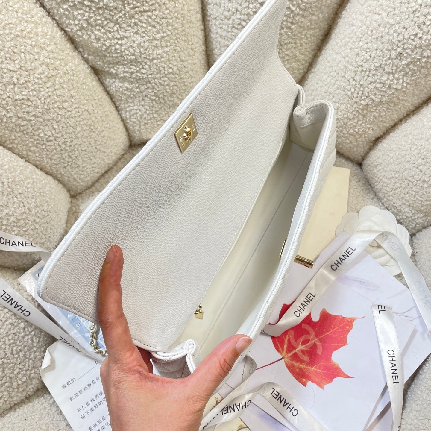 CC Maxi Flap Bag with Top Handle 31.5cm White Quited Caviar Leather