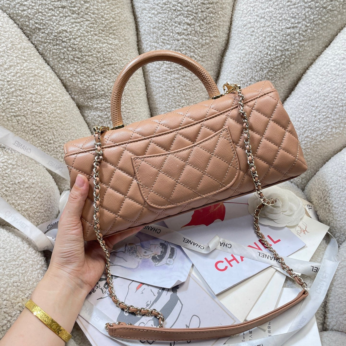 CC Maxi Flap Bag with Top Handle 31.5cm Tan Quited Caviar Leather