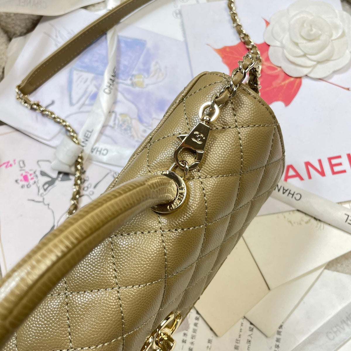 CC Maxi Flap Bag with Top Handle 31.5cm Khaki Quited Caviar Leather