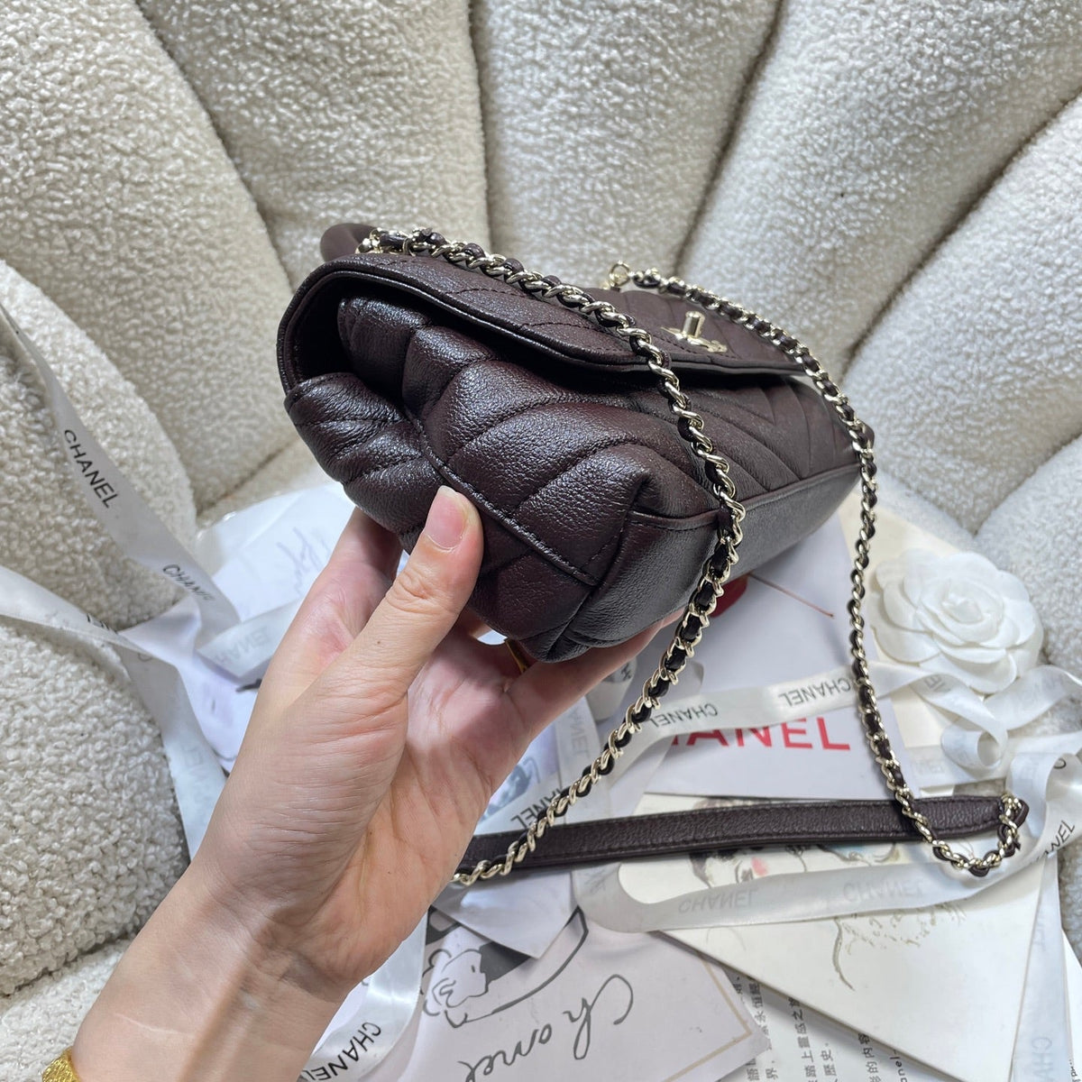 CC Maxi Flap Bag with Top Handle 31.5cm Coffee Goatskin