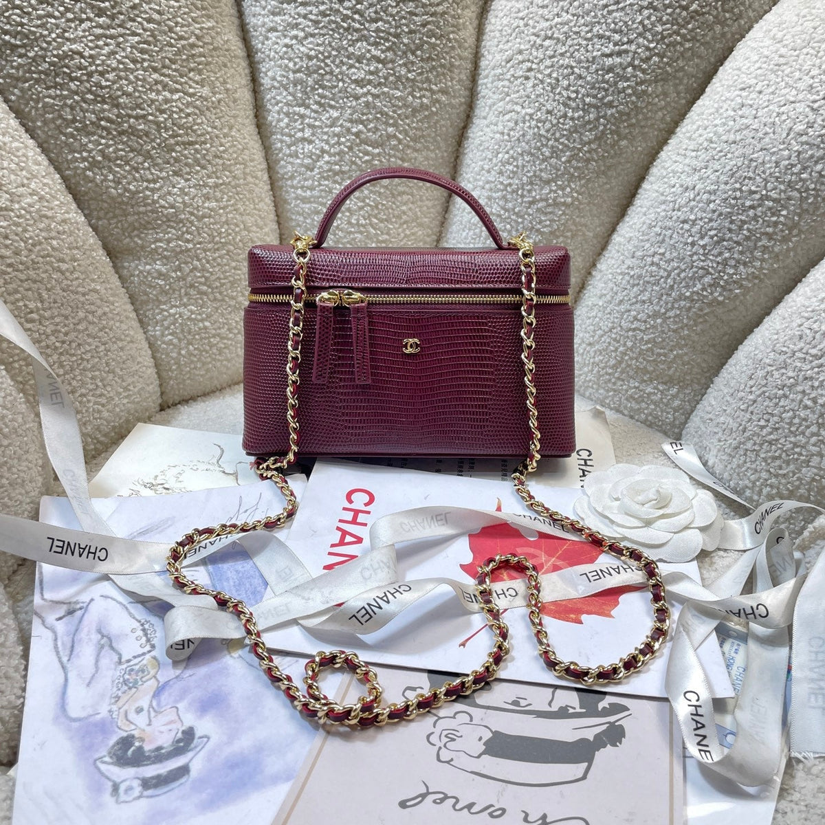 Chanel 2026 Vanity Bag 19.5cm Burgundy Cowhide With Lizard Embossing