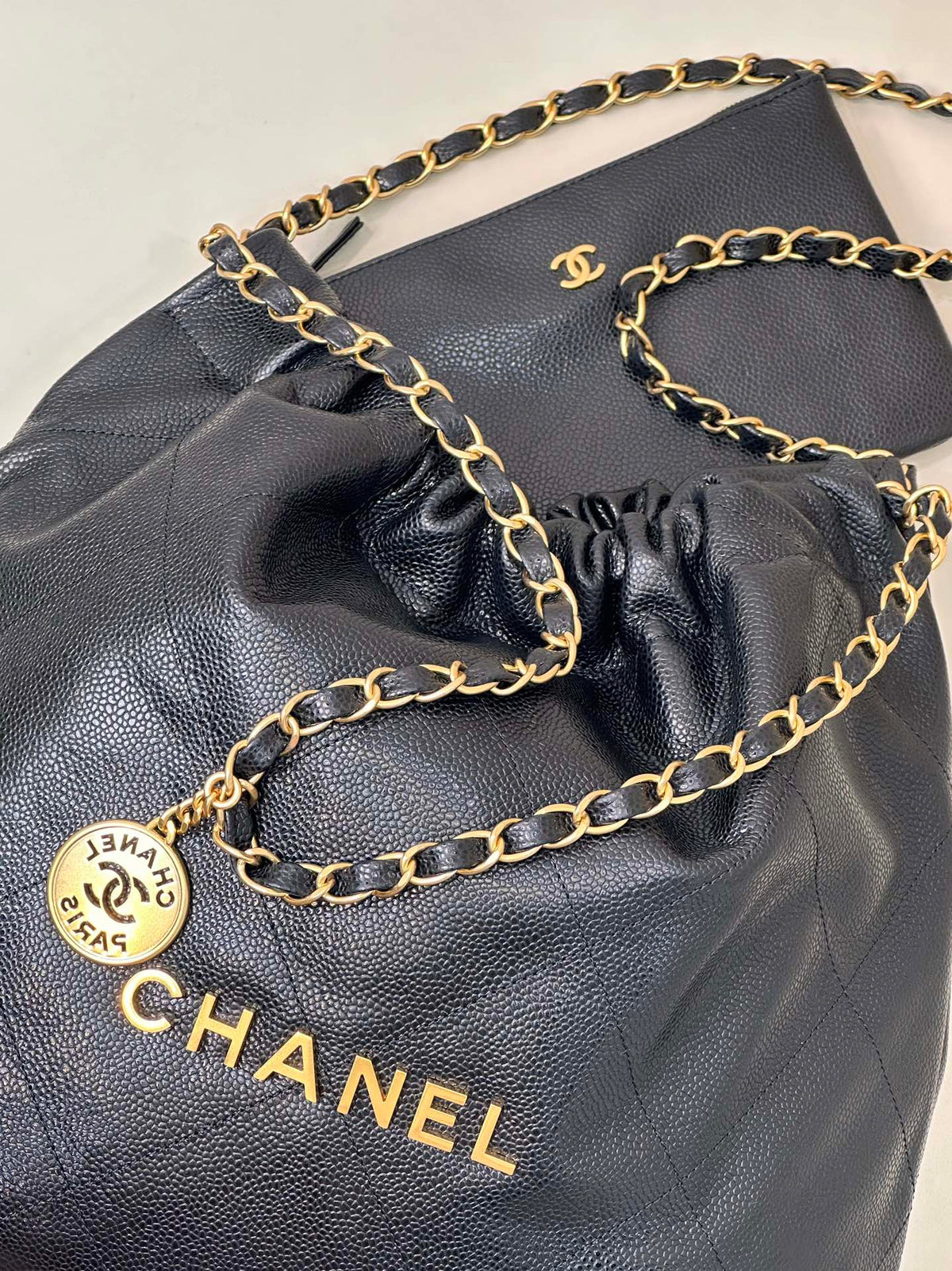 CC 22 Hobo Bag 42cm Black Grained Calfskin Gold Hardware