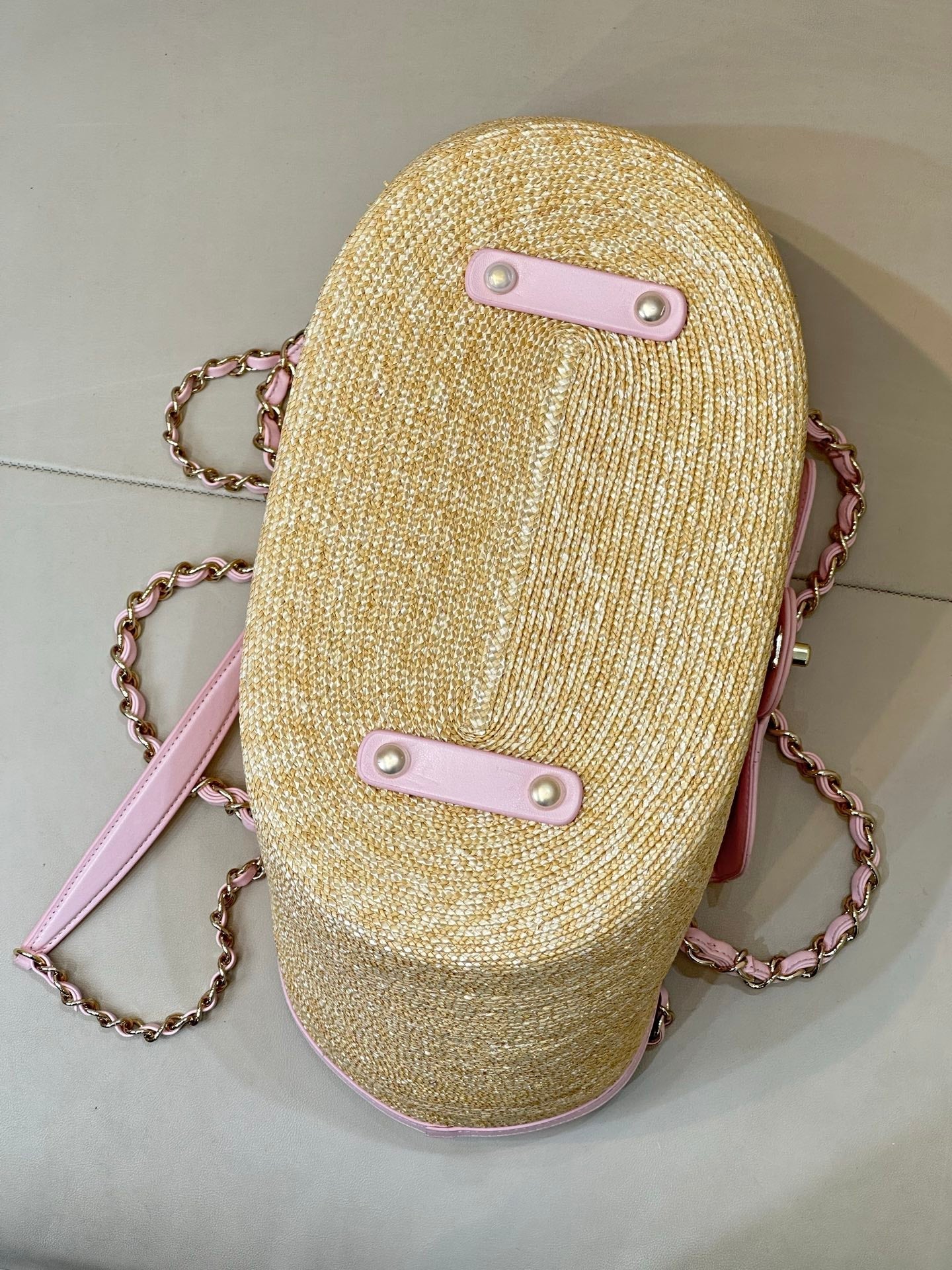 Chanel 2026 Shopping Bag 54cm Beige PInk Straw Lambskin