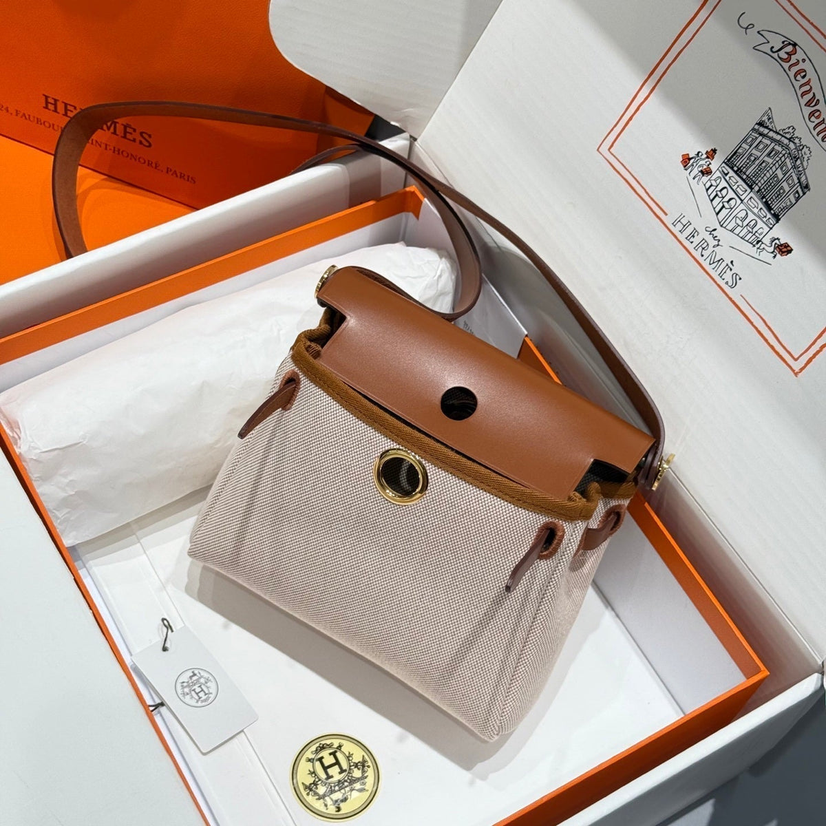 HM Mini Herbag Gold Buckle 20 Beige Canvas and Hunter Cowhide 243221