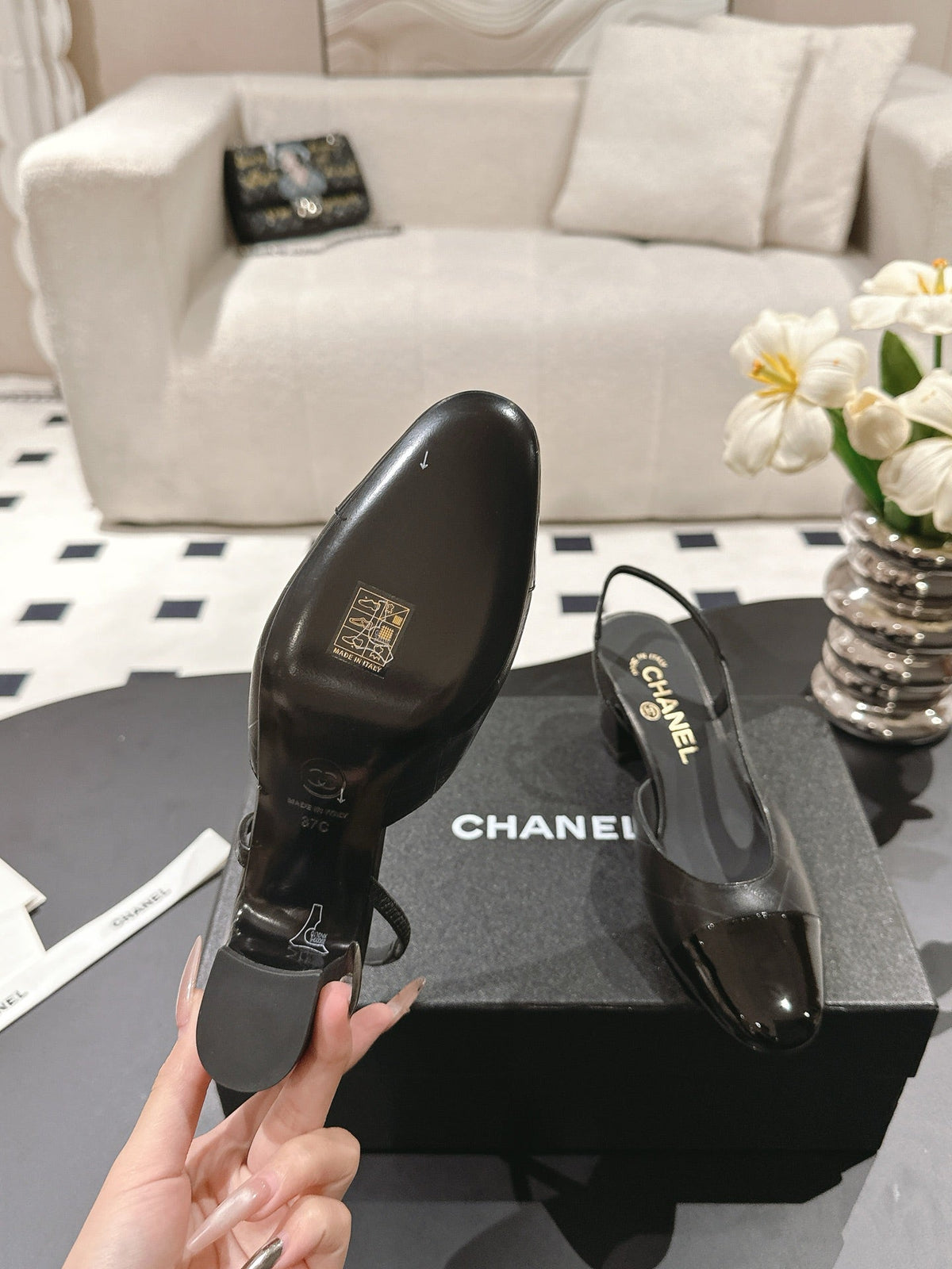 cc 25c slingback 55mm cross line pattern black lambskin 237494