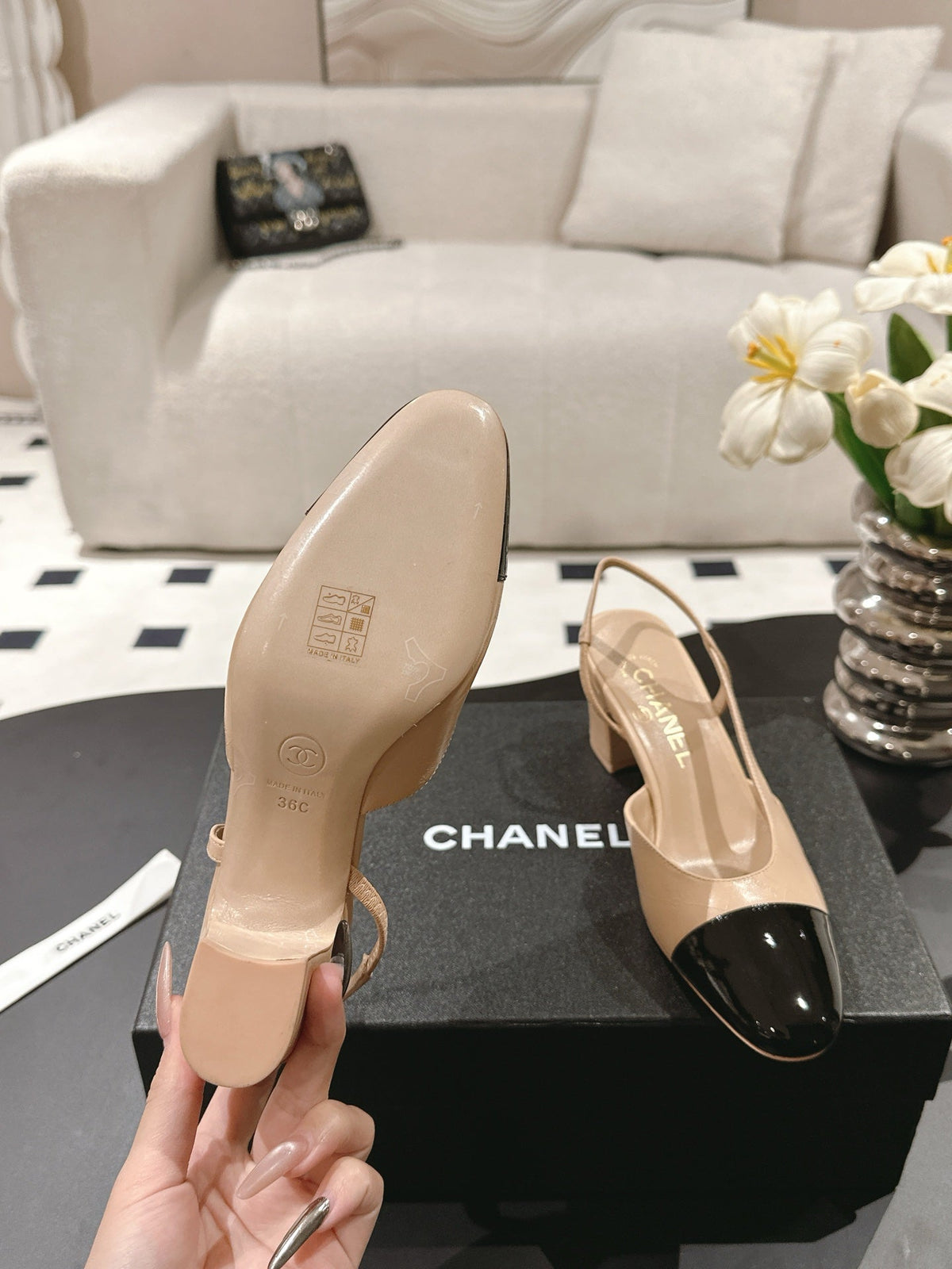 cc 25c slingback 55mm cross line pattern beige lambskin 237495