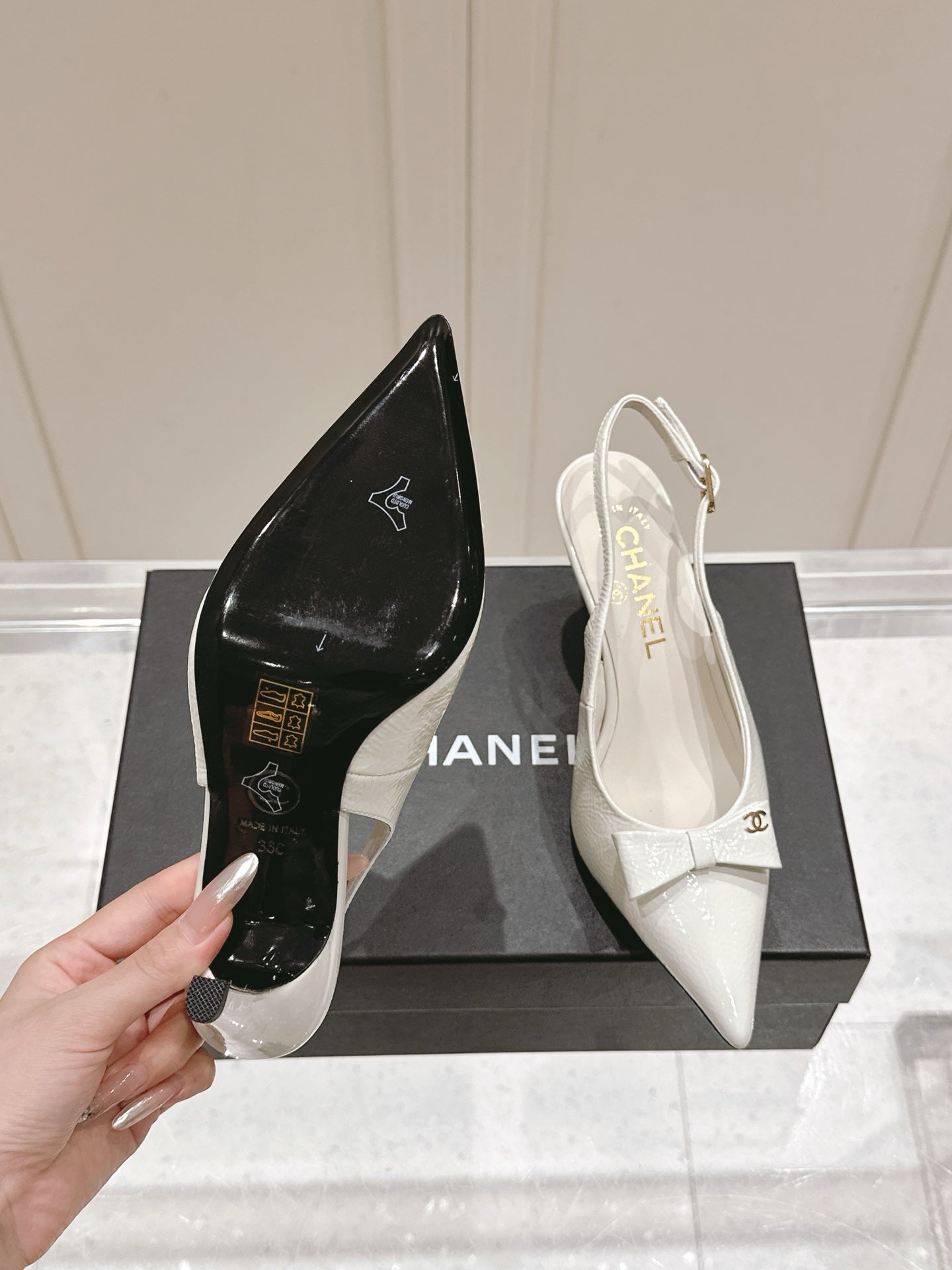 Chanel 25A Slingback White Patent Calfskin 393072