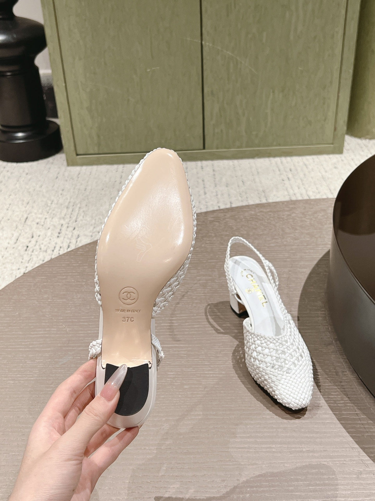 CC 26s Slingback Block Heel White Woven Sheepskin 762817
