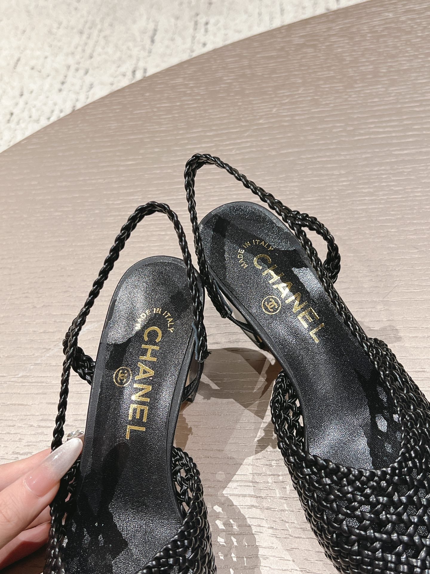CC 26s Slingback Block Heel Black Woven Sheepskin 762818