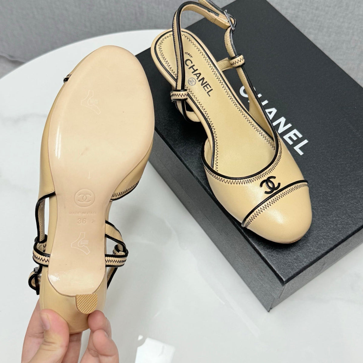 CC 25 Slingback 50mm Beige Black Sheepskin 368798