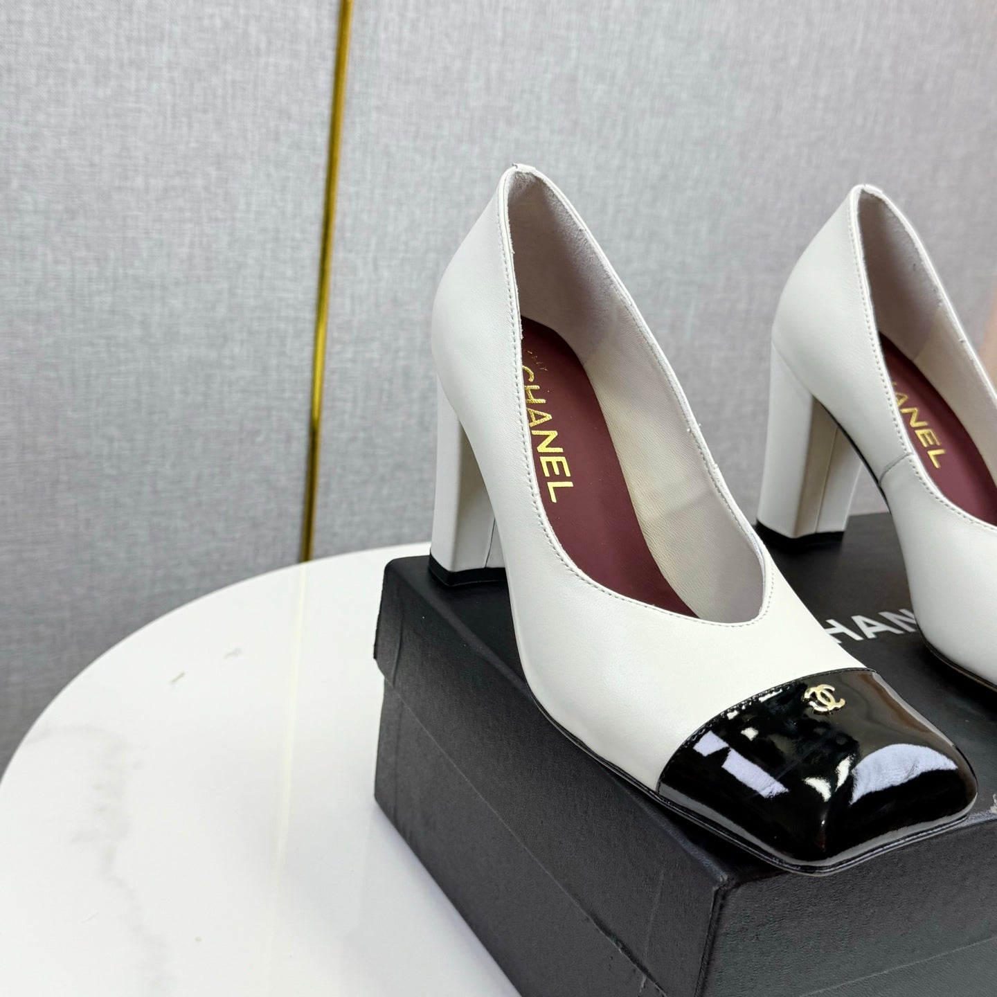 CC Square Toe Slingback Black White Sheepskin Patent Leather 541130