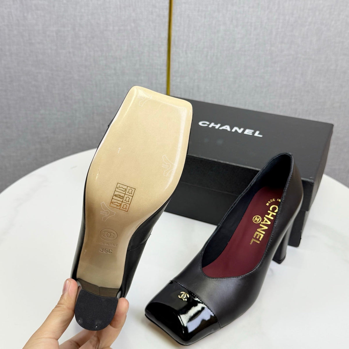 CC Square Toe Slingback Black Sheepskin Patent Leather 541131