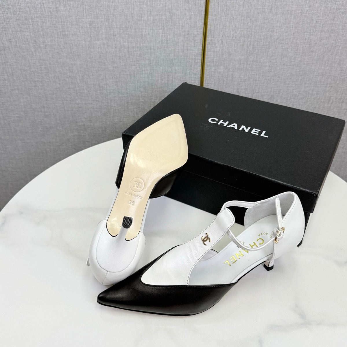 CC T-Strap Kitten Heels White Black Sheepskin 619976