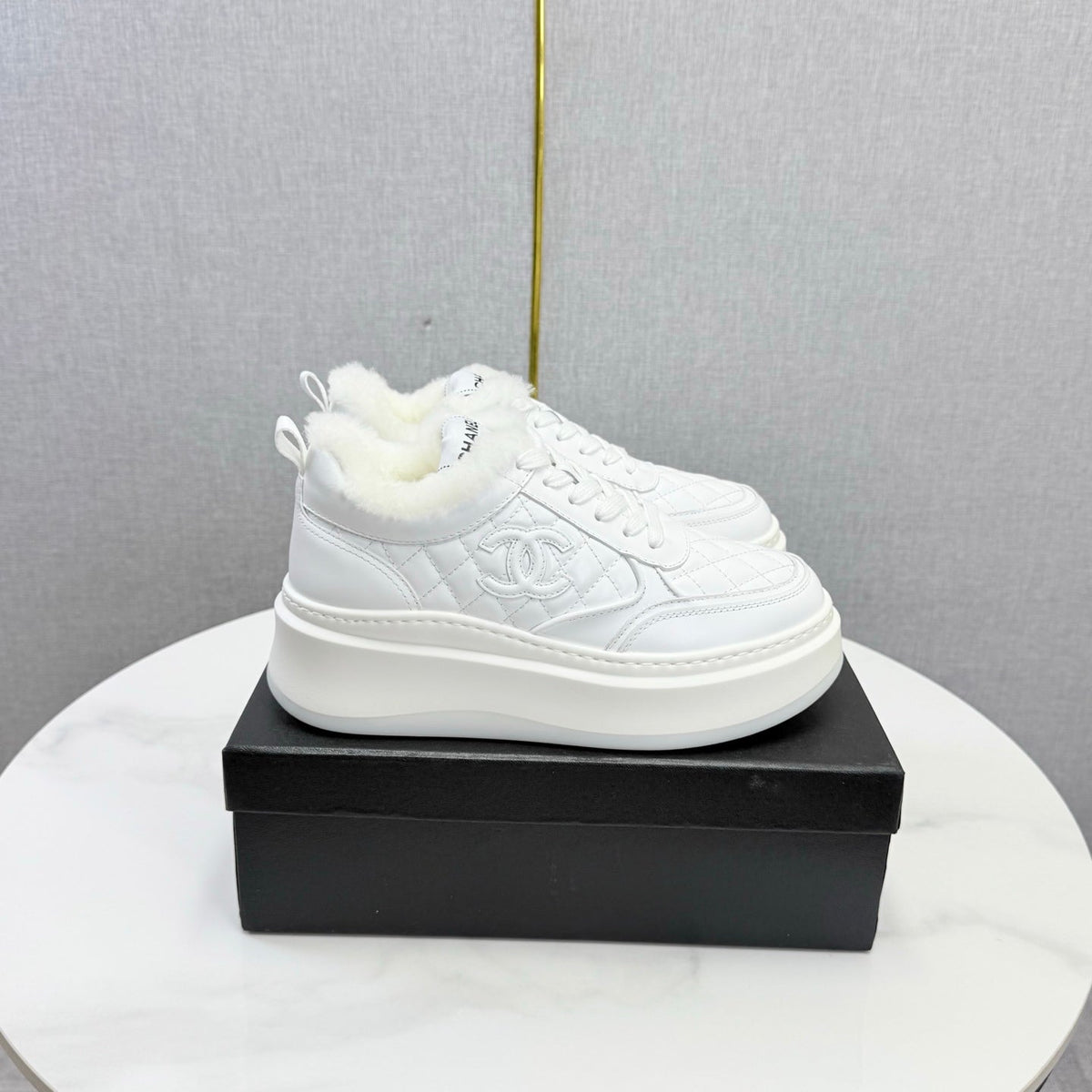 CC 26s Platform Sneakers White Quilted Calfskin Shearling 972893