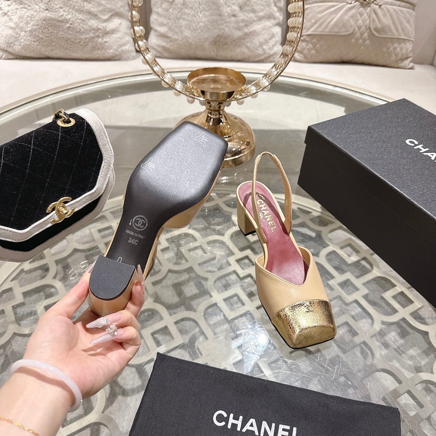 CC 26s Square-Toe High-Heeled Slingbacks 6cm Gold Beige Leather 736100