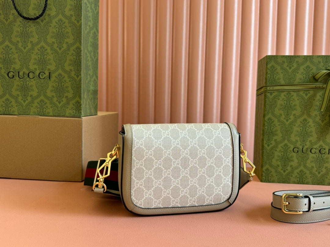 Gucci Horsebit 20.5 Bag Beige mix White Leather Canvas 244257