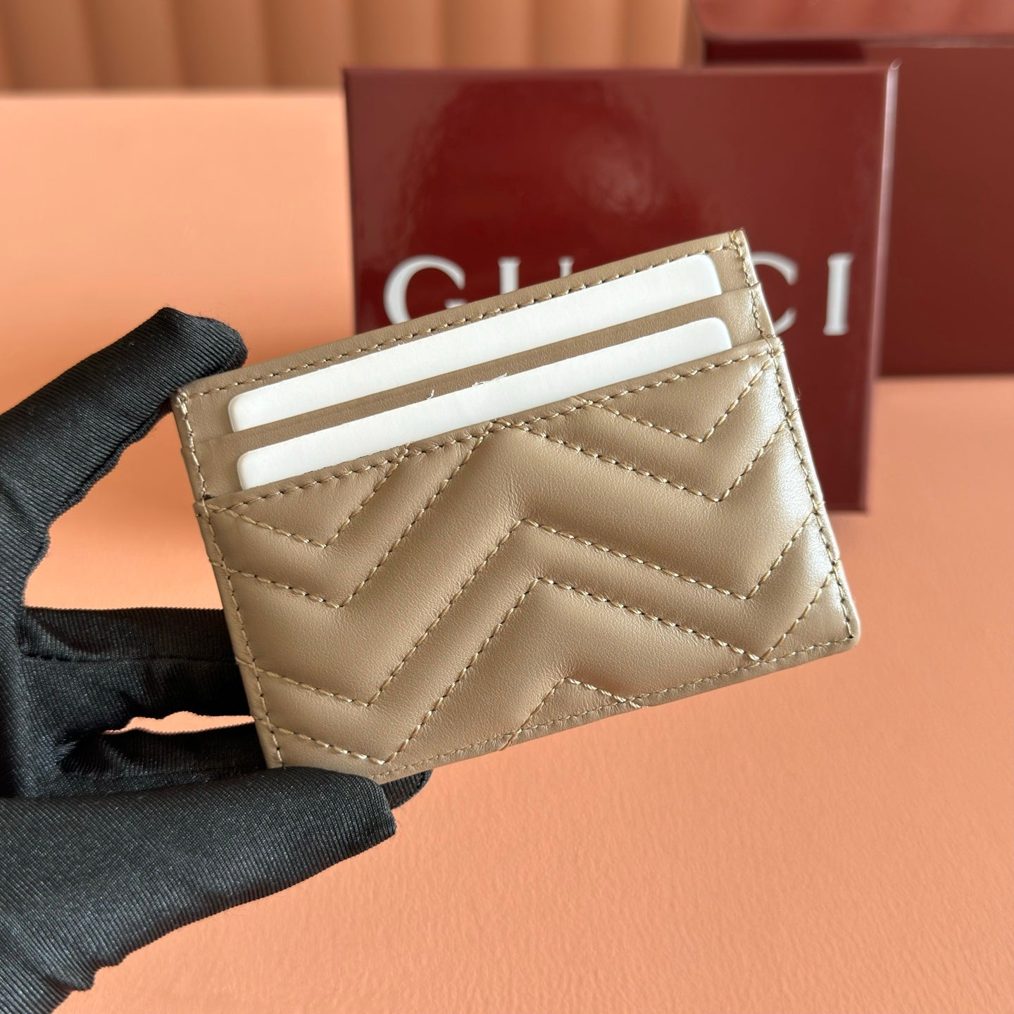 GG Marmont Quilted Card Holder Taupe Matelassé Leather