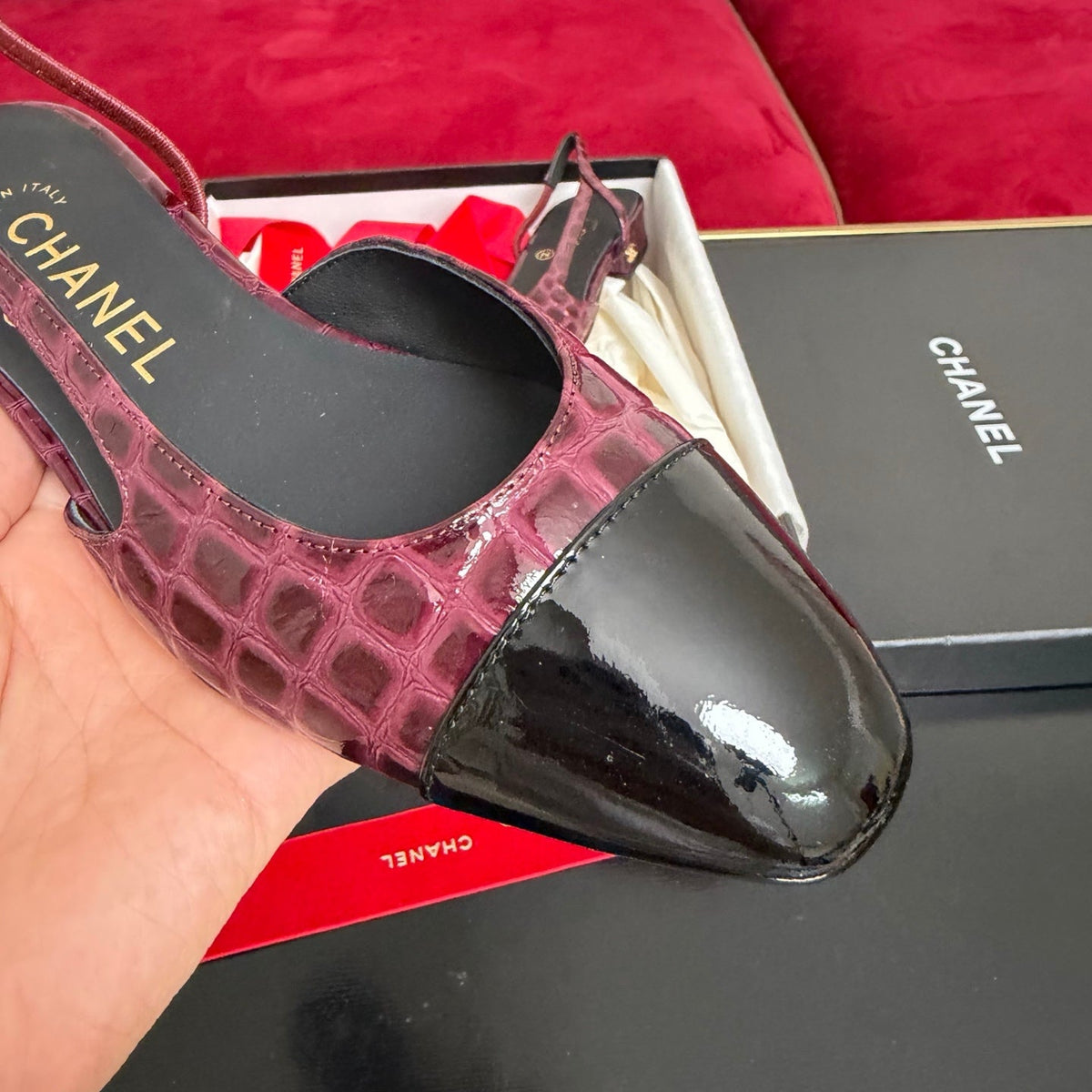CC 26s Slingback Burgundy Black Glossy Crocodile Embossed Leather 901103