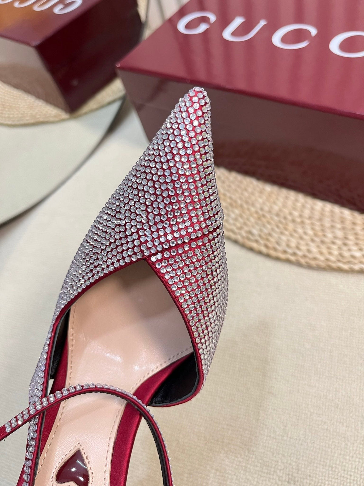 GC Crystal-Embellished Slingbacks Red Silk Sheepskin 294609