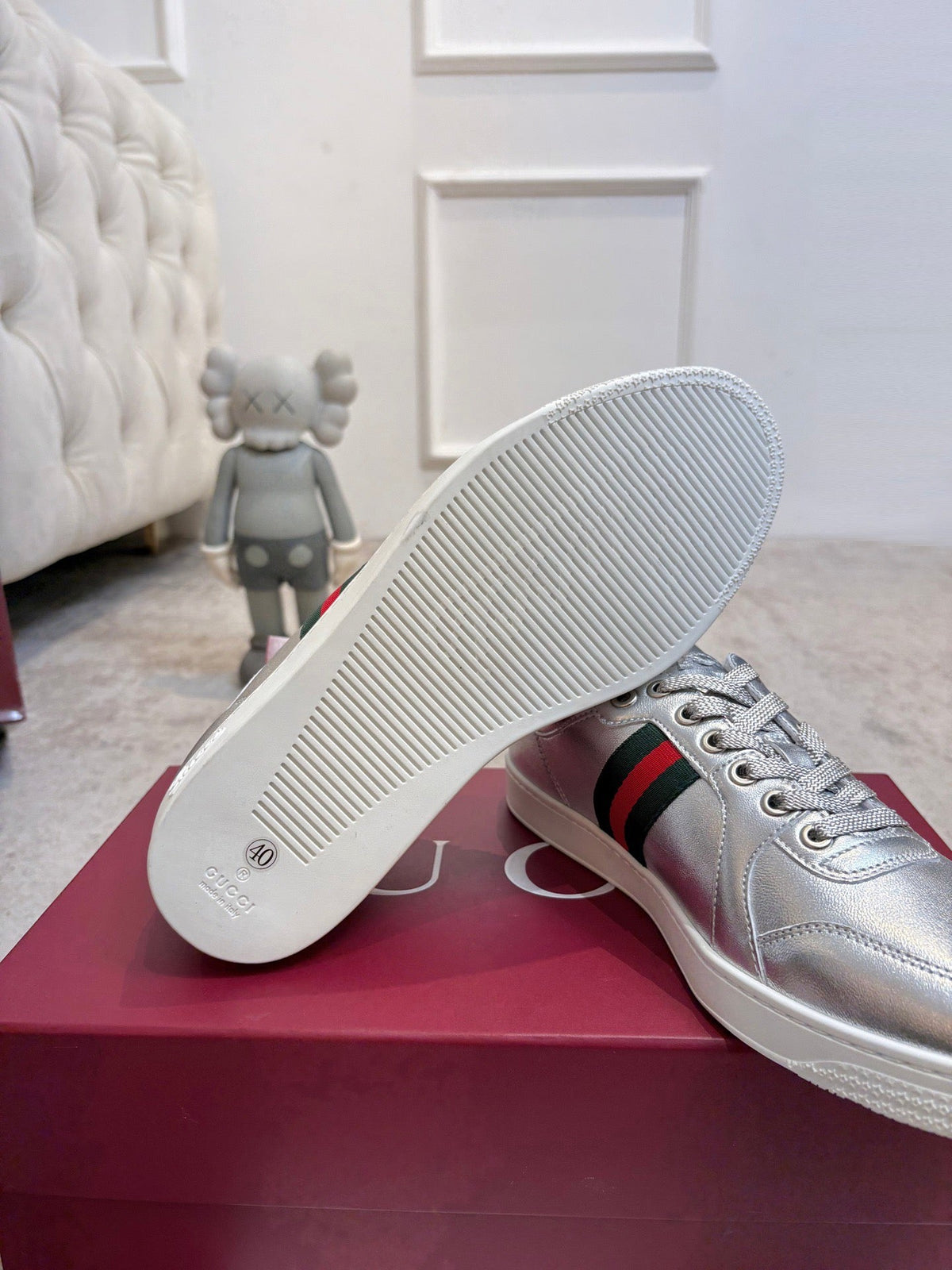 GG Stretch Low-Top Trainers Metallic Silver Leather 824432