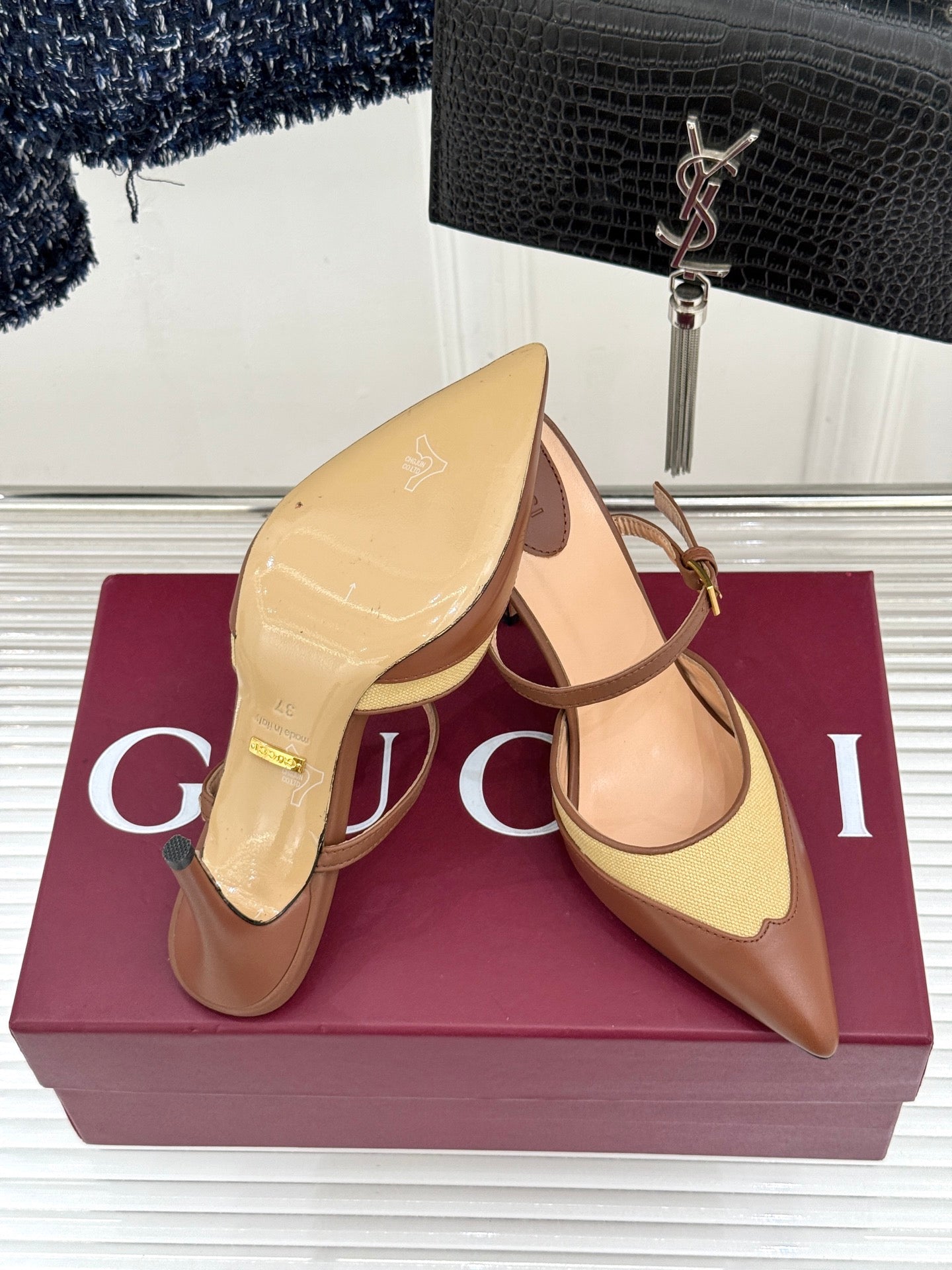 GG 26WF Mules 9.5cm Brown Beige Leather Canvas 886167