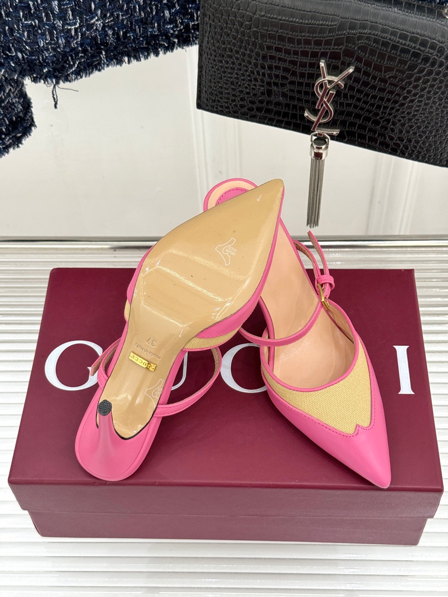 GG 26WF Mules 9.5cm Hot Pink Beige Leather Canvas 886169