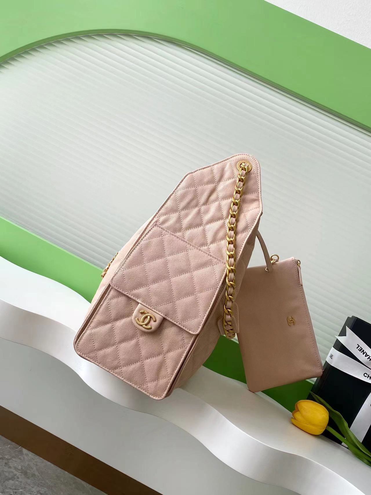 CC 25C Hobo Bags 40cm Pink Beige Grained Calfskin