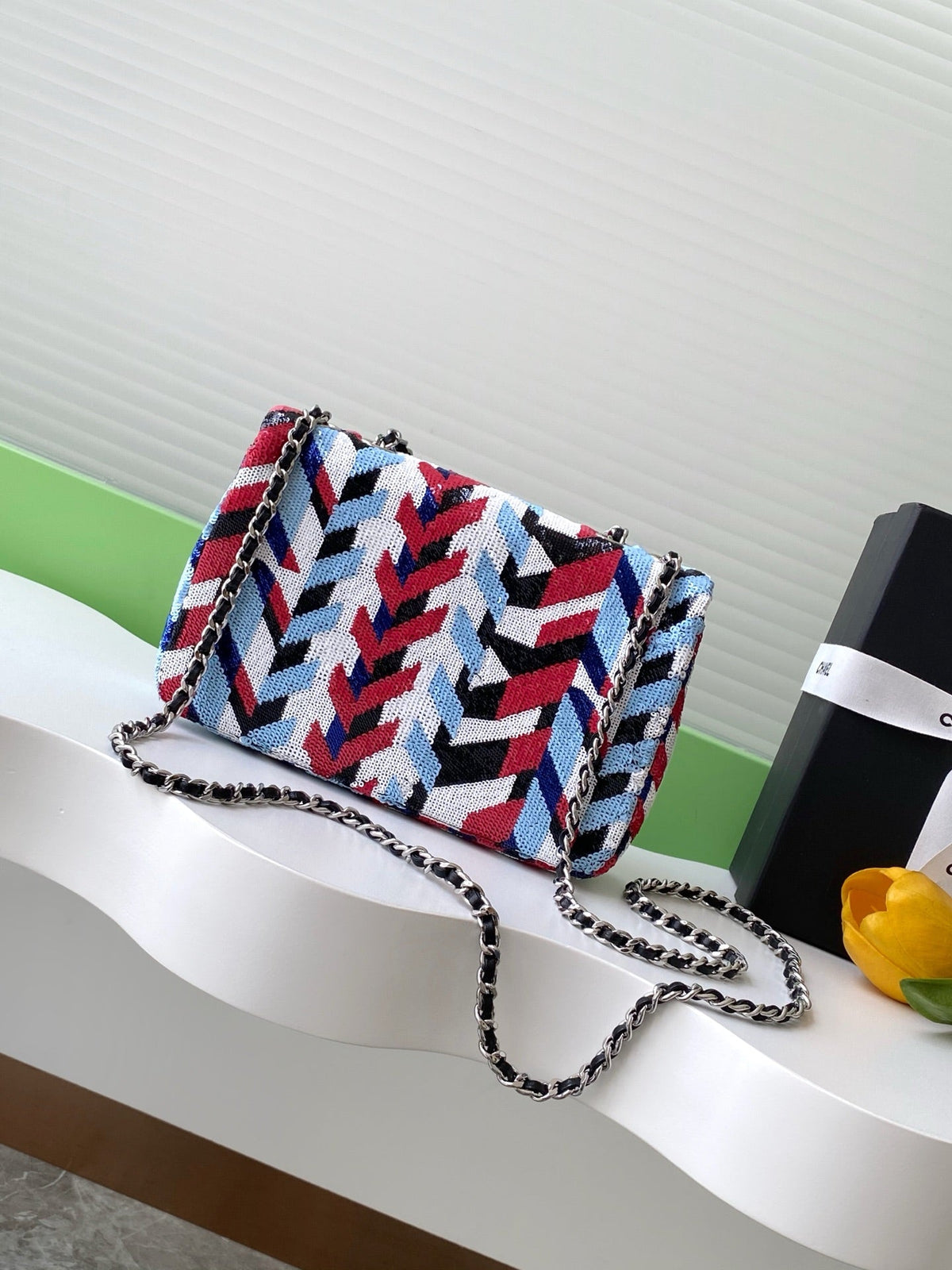 cc 25S Flap Bag 21cm Multicolor Chevron Sequin