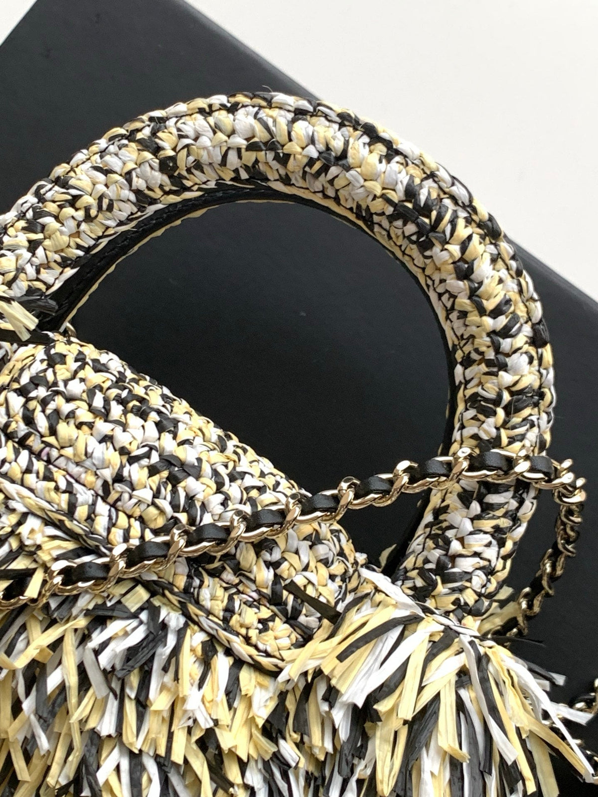 CC 2026 Mini Shopping Bag Black White Yellow Raffia Fringe