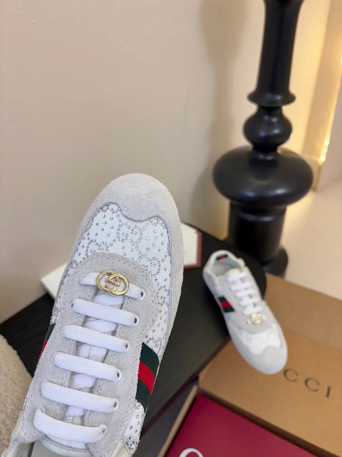 GG 26 Casual Sneakers White Light Gray Cowhide Suede Rhinestones 627231