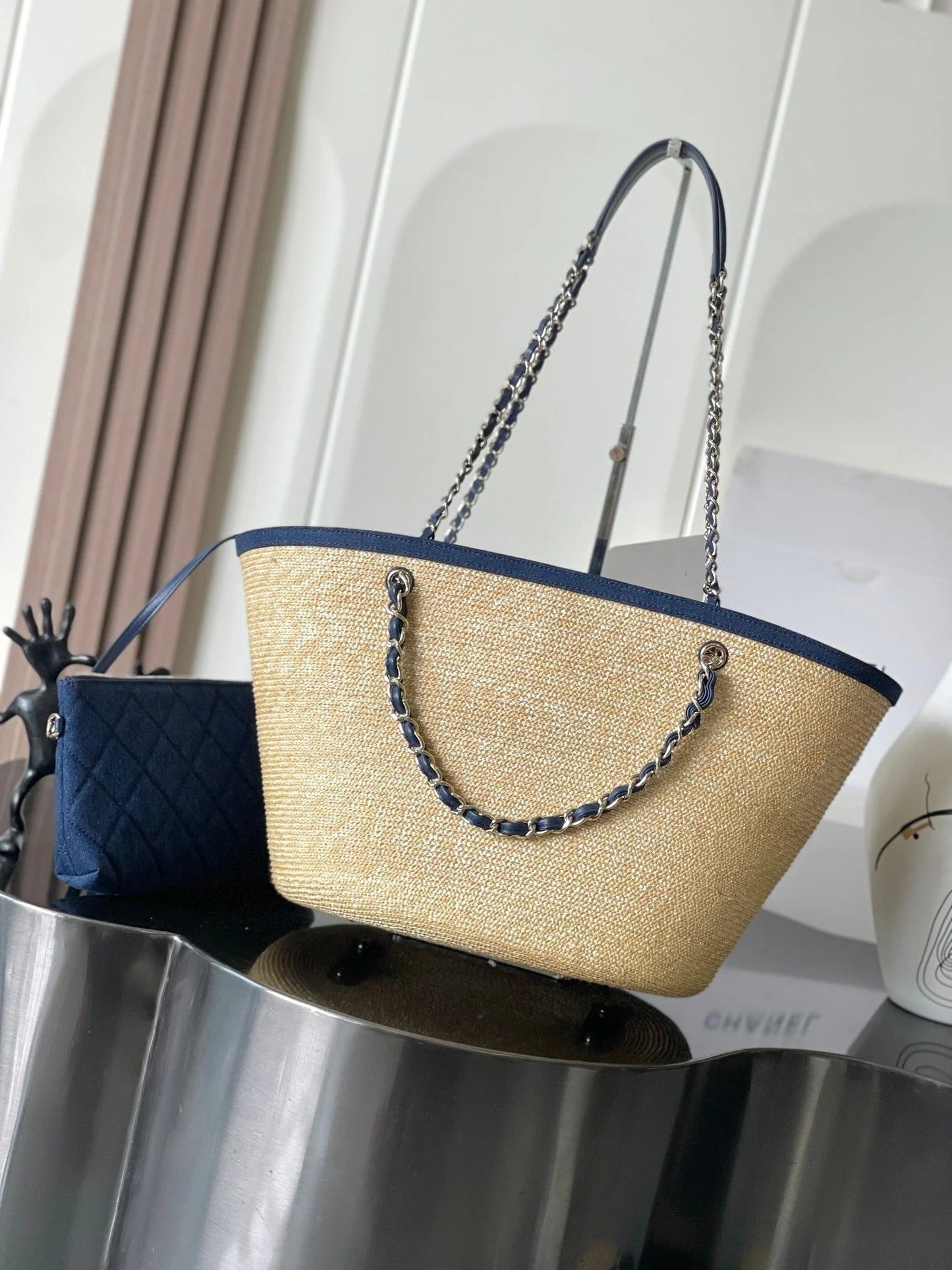 CC 2026 Deauville Bag 54cm Blue Beige Denim Straw