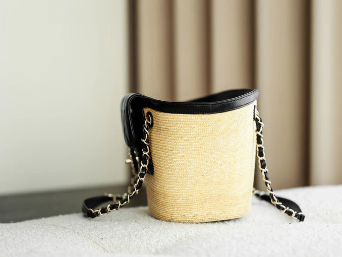 Chanel 2026 Shopping Bag 40cm Beige Black Straw Lambskin 351031
