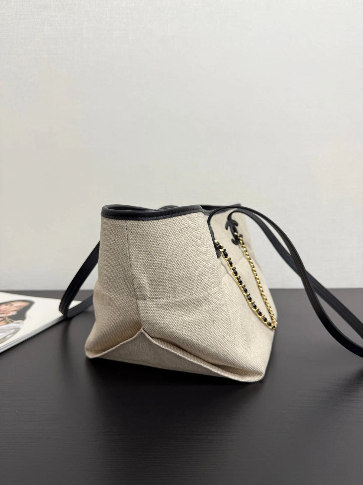 CC 2026 Coco Beach Beach Tote Bag 46cm Off-white mix Black Canvas Leather