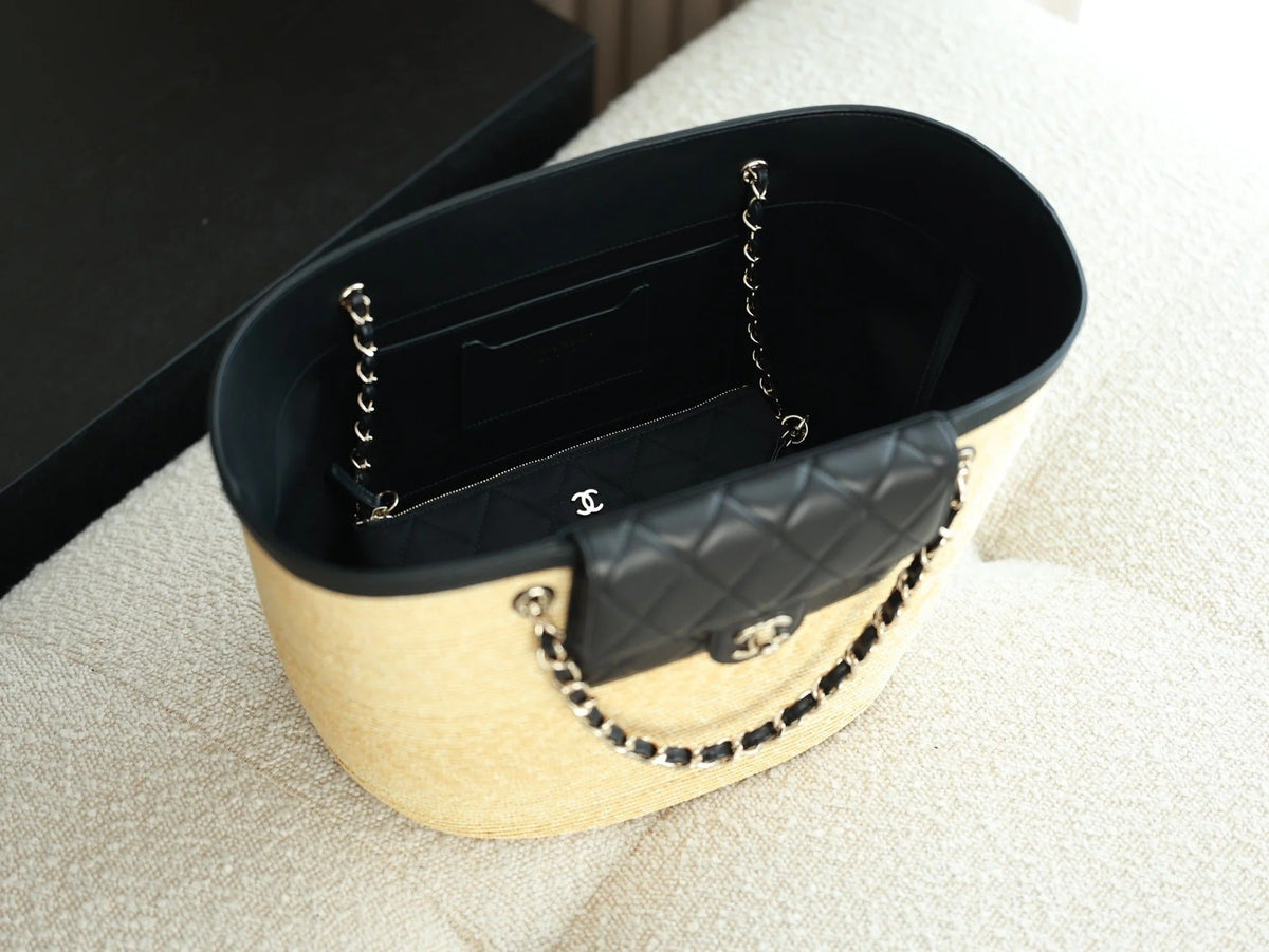 Chanel 2026 Shopping Bag 53cm Beige Black Straw Lambskin 351018