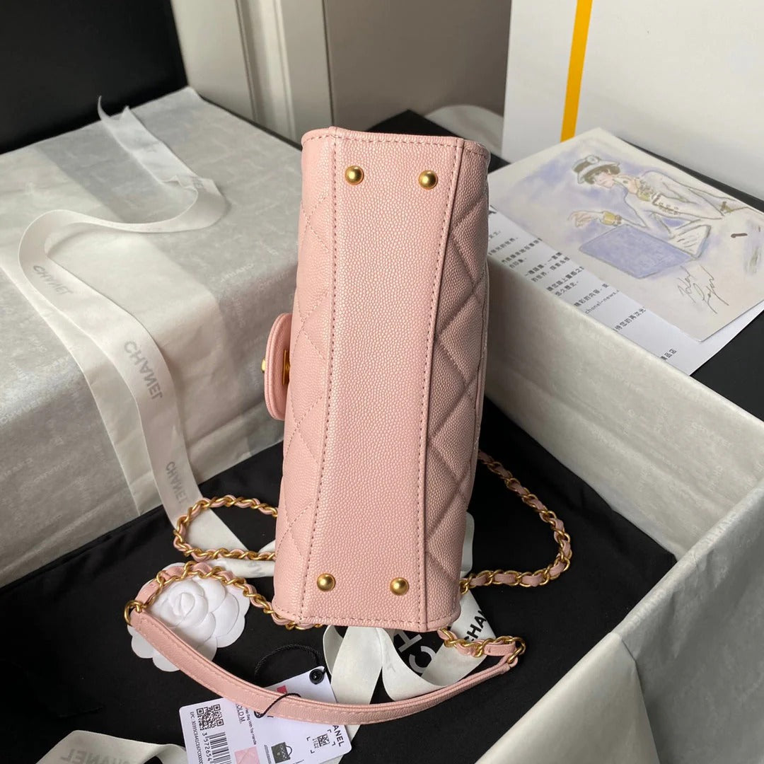 CC 25S FLAP BAG 21 CM IN LIGHT PINK GRAINED LAMBSKIN WITH TOP HANDLE