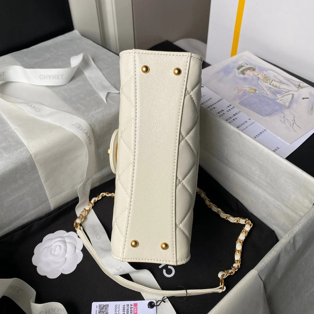 CC 25S FLAP BAG 21 CM IN CREAM WHITE GRAINED LAMBSKIN WITH TOP HANDLE