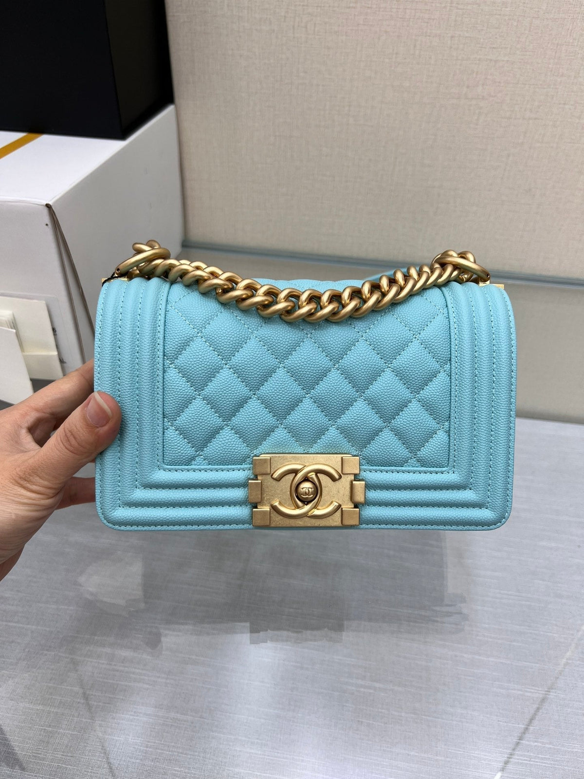 BOY BAG SMALL 20 CLOUD BLUE CAVIAR GOLD HARDWARE