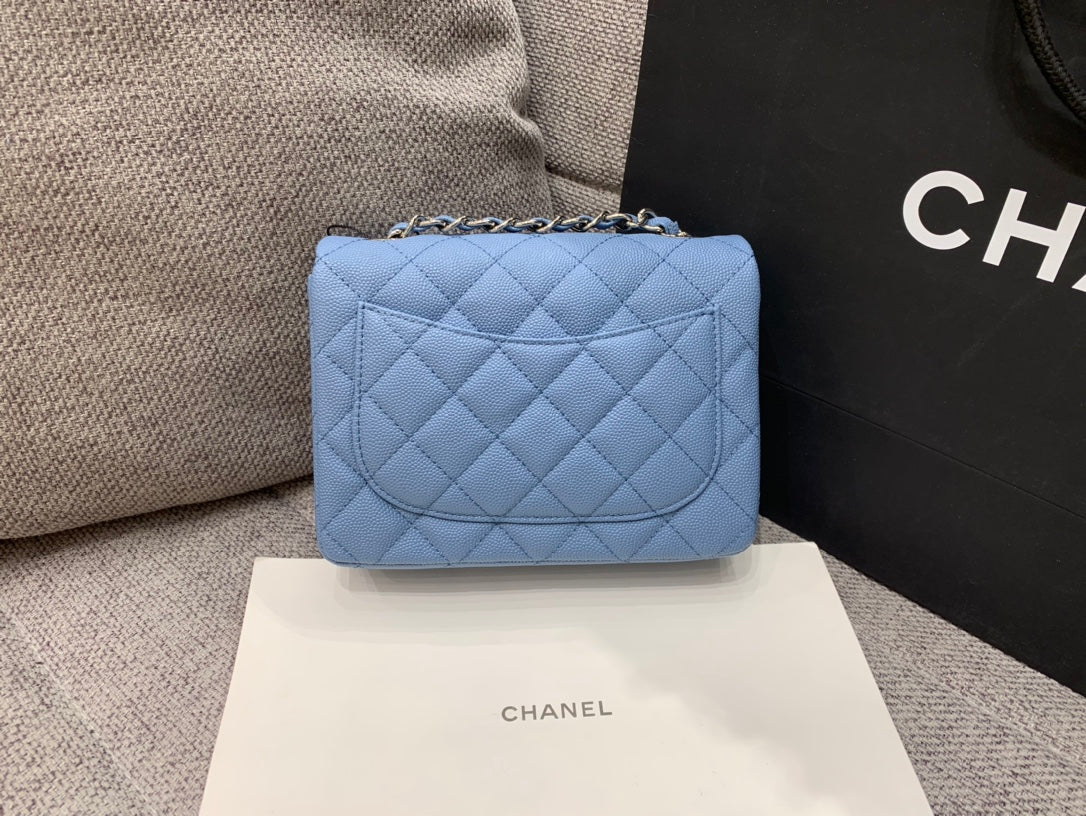 MINI SQUARE FLAP BAG 17CM BLUE CAVIAR SILVER HARDWARE